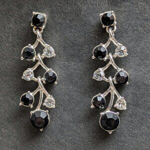 Vtg 90s Silver Plated Crystal Dangle Earrings Long Elegant Evening Formal Prom